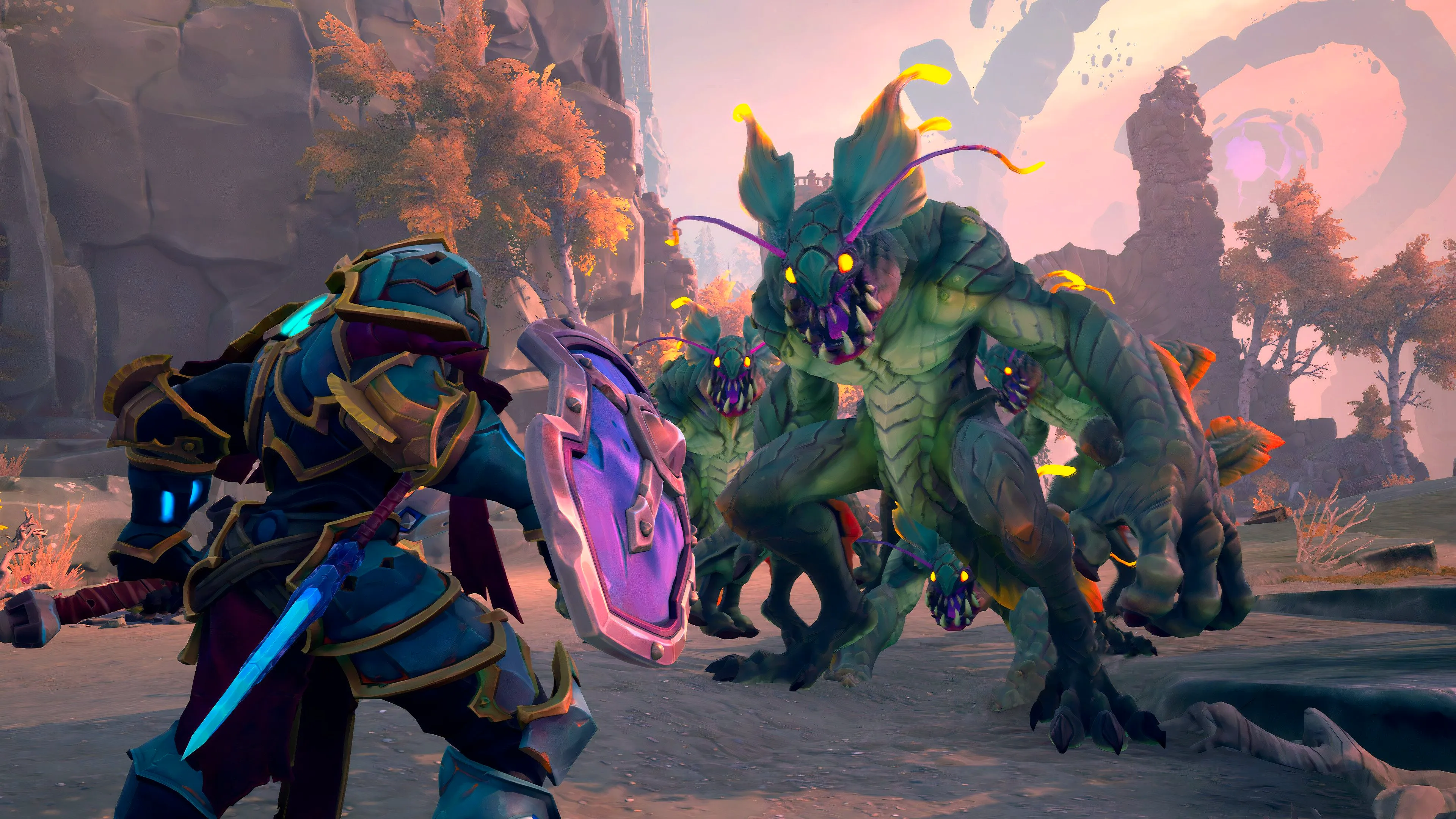 Wayfinder player with a large shield facing a group of bipedal enemies that look like a cross between a reptile and bat. Image