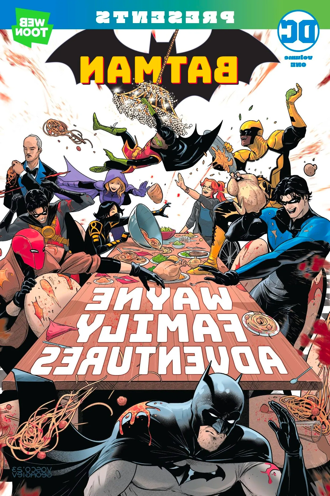 Wayne Family Adventures Webtoon #1 Cover: the Bat-Family participates in a food fight with Batman. Image