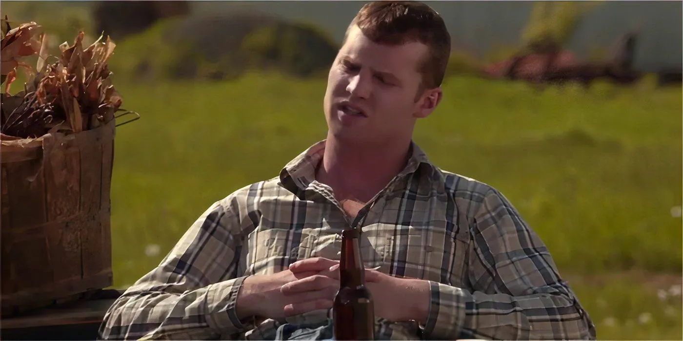 Wayne (Jared Keeso) sitting outside with a beer looking contemplative in Letterkenny Image