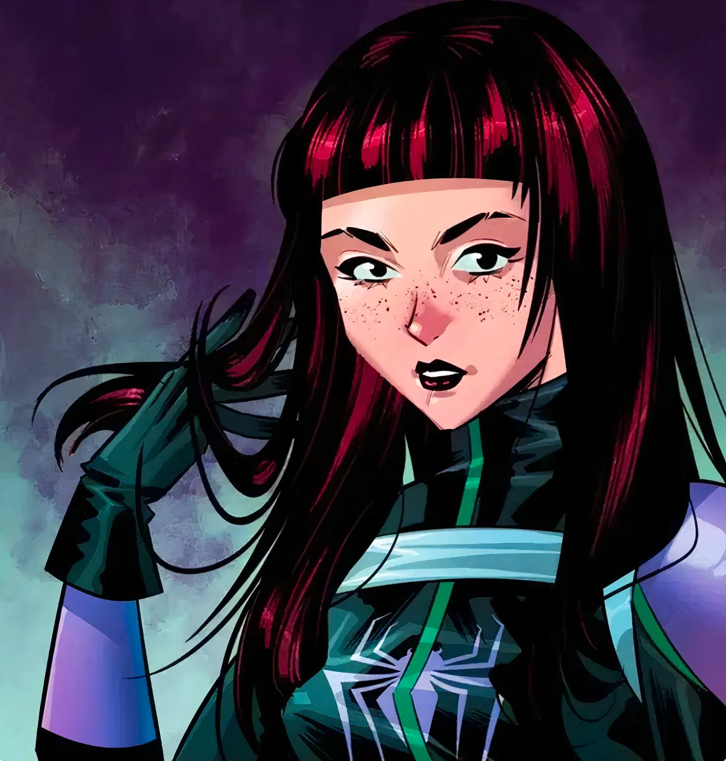 Web-Head unmasked, twirling her hair, wearing her purple-and-black hero costume. Image