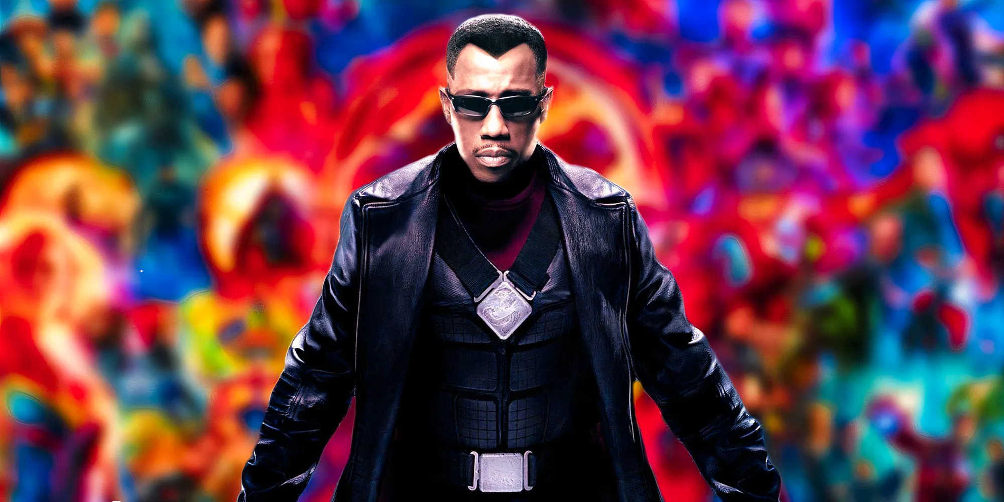 Wesley Snipes as Eric Brooks in the poster for Blade Trinity (2004) on top of a blurred image of the MCU's many movies Image