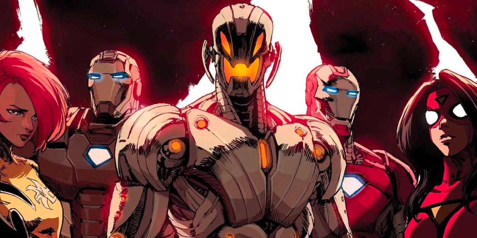 West Coast Avengers #1 Danny Kim cropped Variant Cover with Ultron, Iron Man, War Machine, Spider-Woman, and Firestar Image