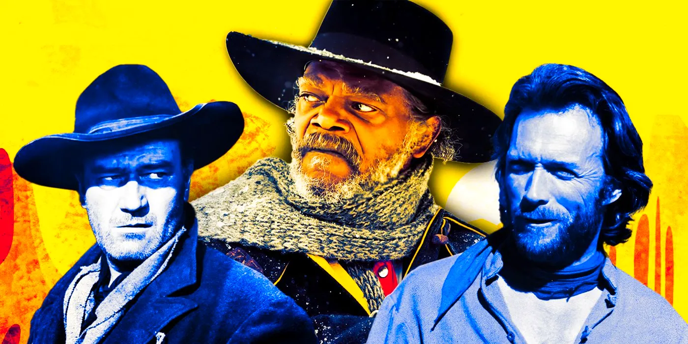 Western movie collage with Clint Eastwood, Samuel L. Jackson and John Wayne. Image