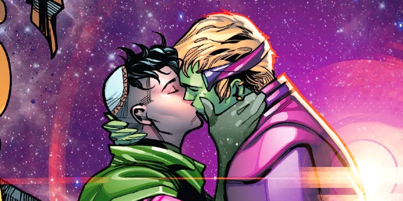 Wiccan and Hulkling kissing among the stars in Marvel Comics. Image