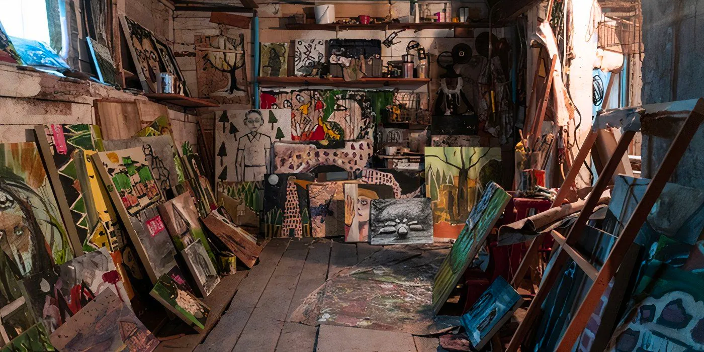 Wide shot of Miranda's paintings in the basement in From Image