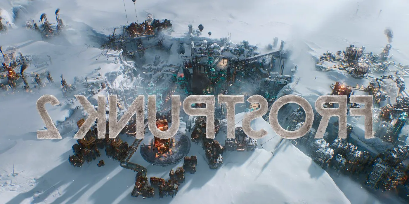 Wiew of a city in an icy crevasse with the Frostpunk 2 logo over it Image