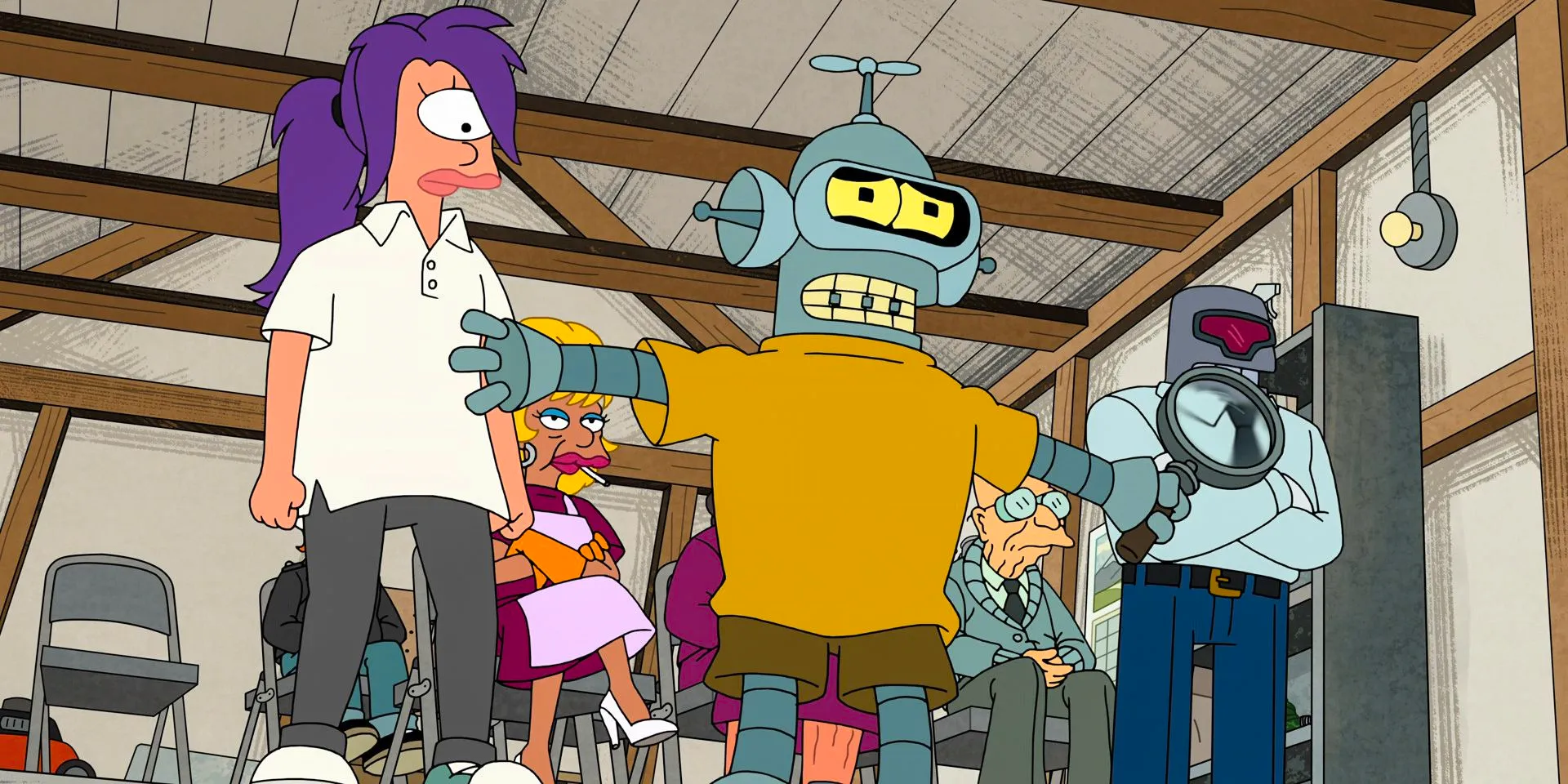 Wikipedia Brown looking worried, and behind him his friend Lolly in Futurama Season 12 Episode 9 Image