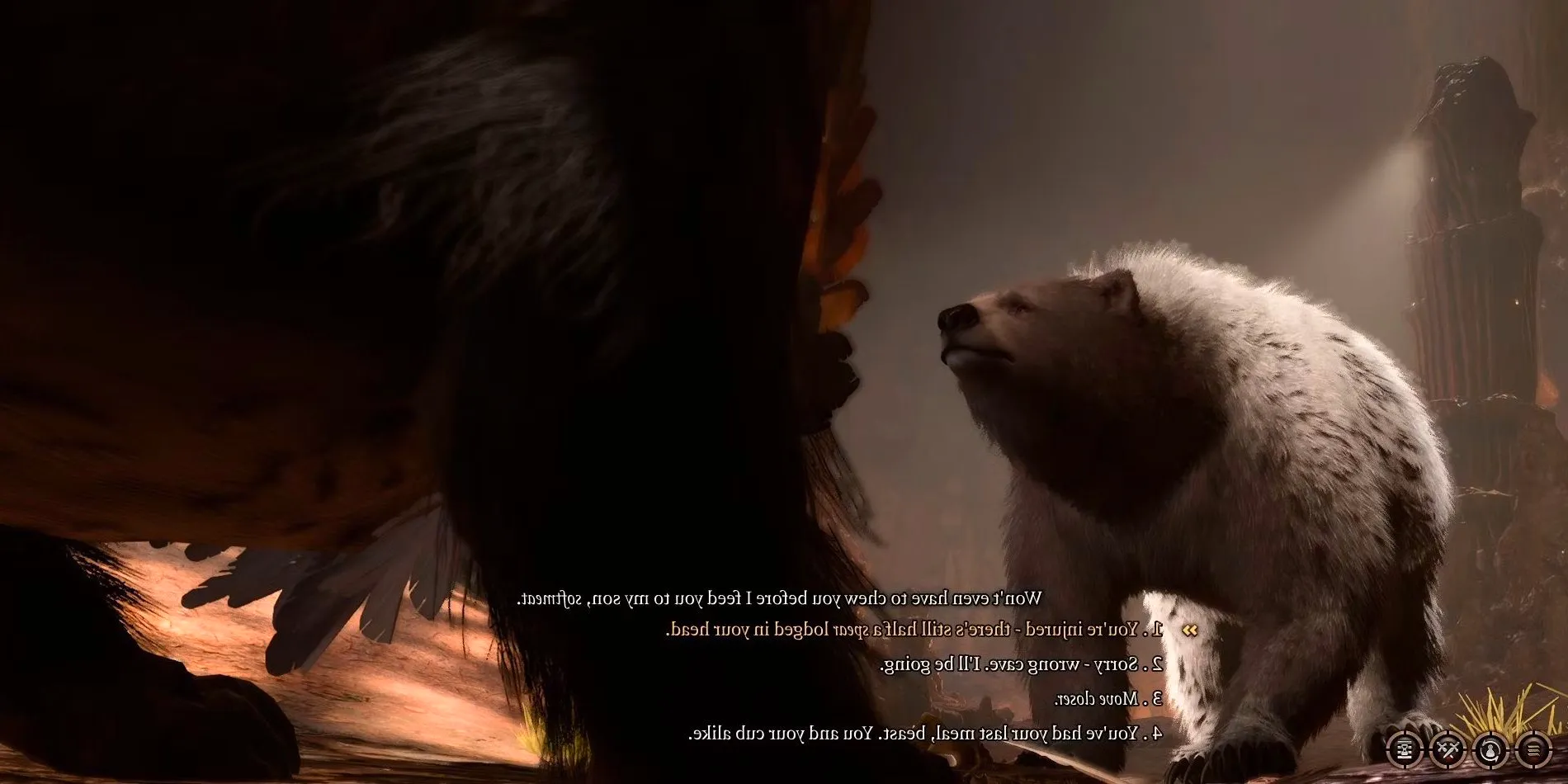 Wild Shaped Bear speaking with Mother Owlbear in Baldur;s Gate 3 Image