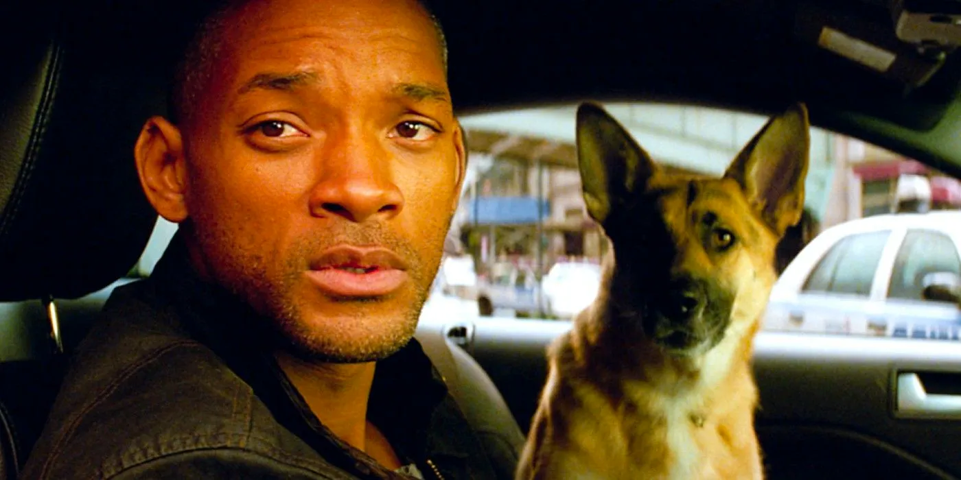 Will Smith as Dr. Robert Neville with his dog in a car in I Am Legend Image