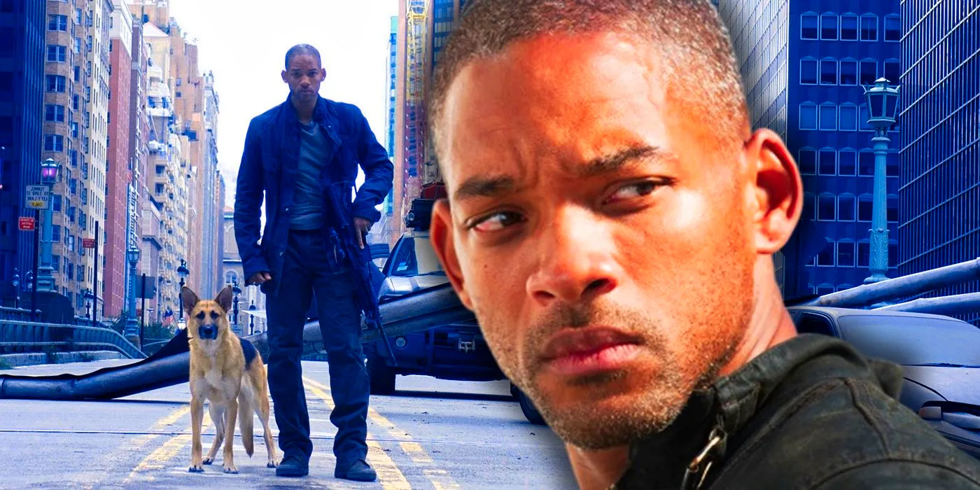 Will Smith in I Am Legend Standing Next to His Dog Image