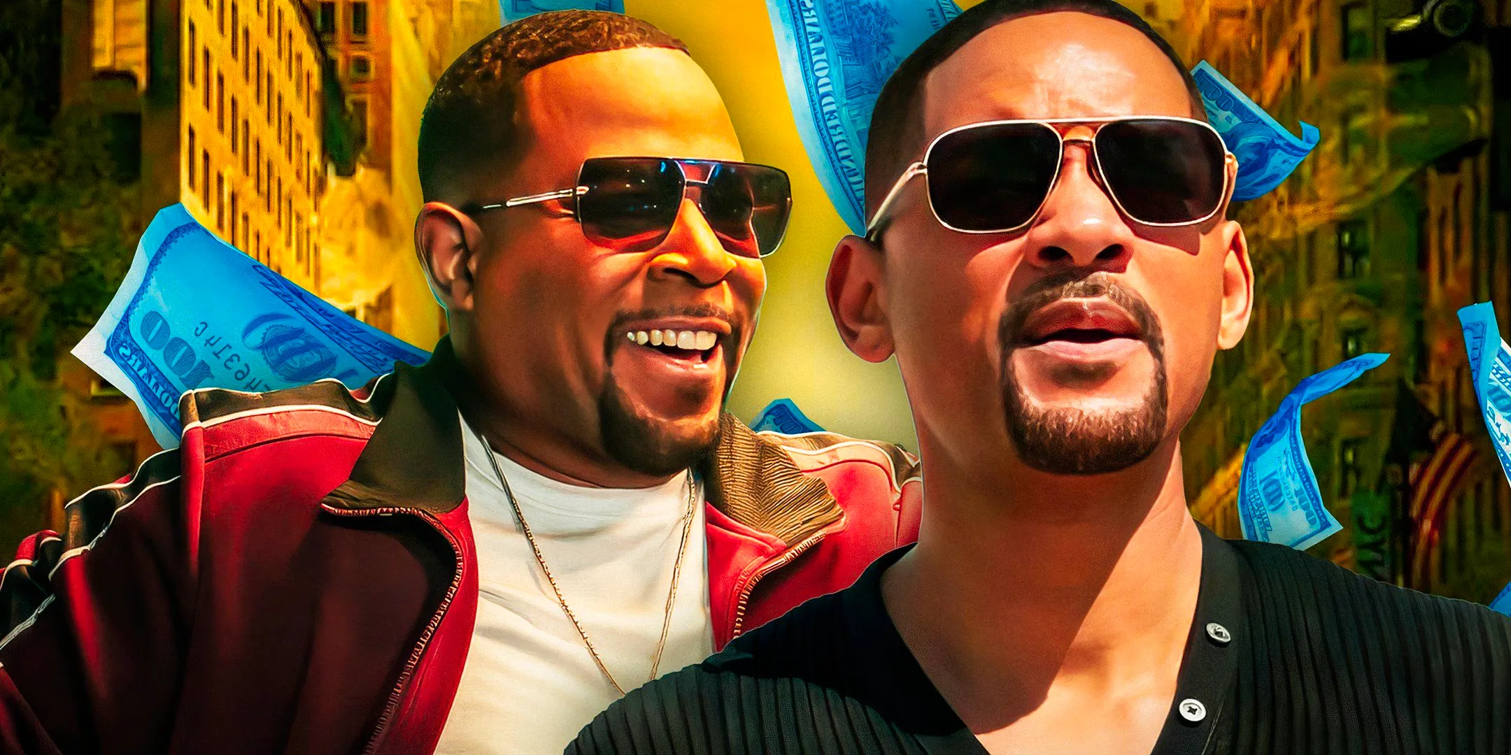 Will Smith looking hopeful and Martin Lawrence smiling from Bad Boys 4 while money rains down on them Image