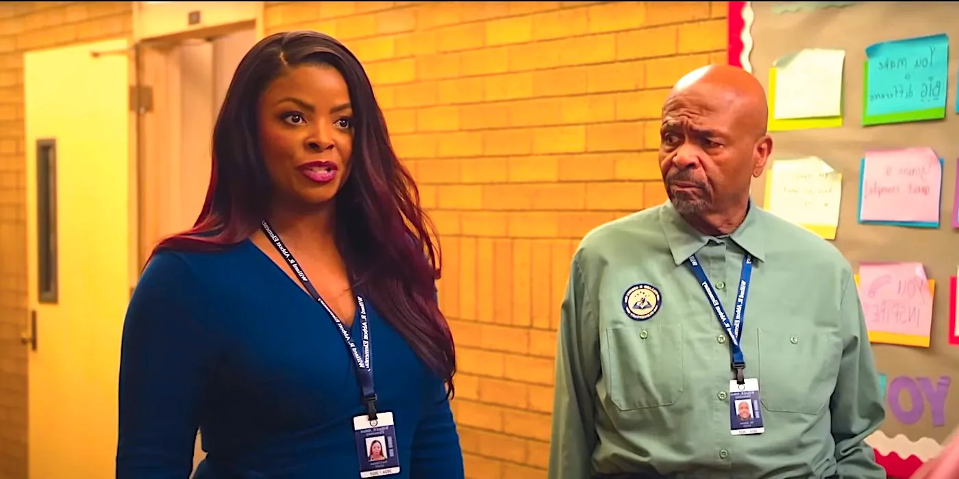 William Stanford Davis's Mr. Johnson and Janelle James's Ava stand in a hallway in Abbott Elementary season 4 trailer Image