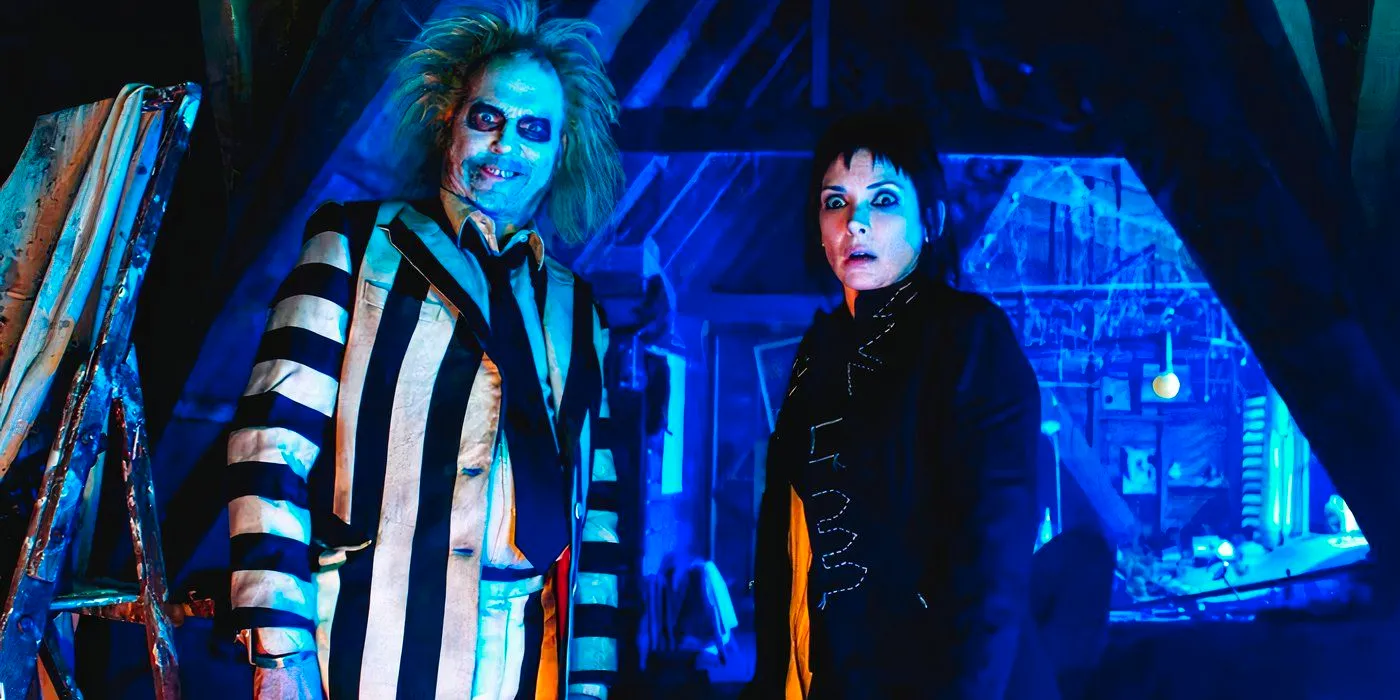 Winona Ryder as Lydia and Michael Keaton as Betelgeuse standing together in Beetlejuice Beetlejuice Image