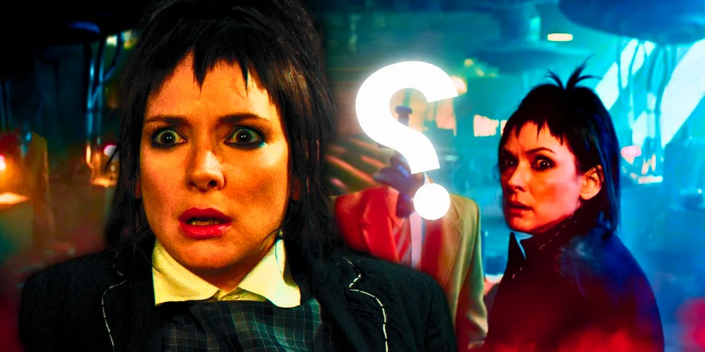 Winona Ryder as Lydia Deetz looking shocked in Beetlejuice 2 with a question mark in the background Image