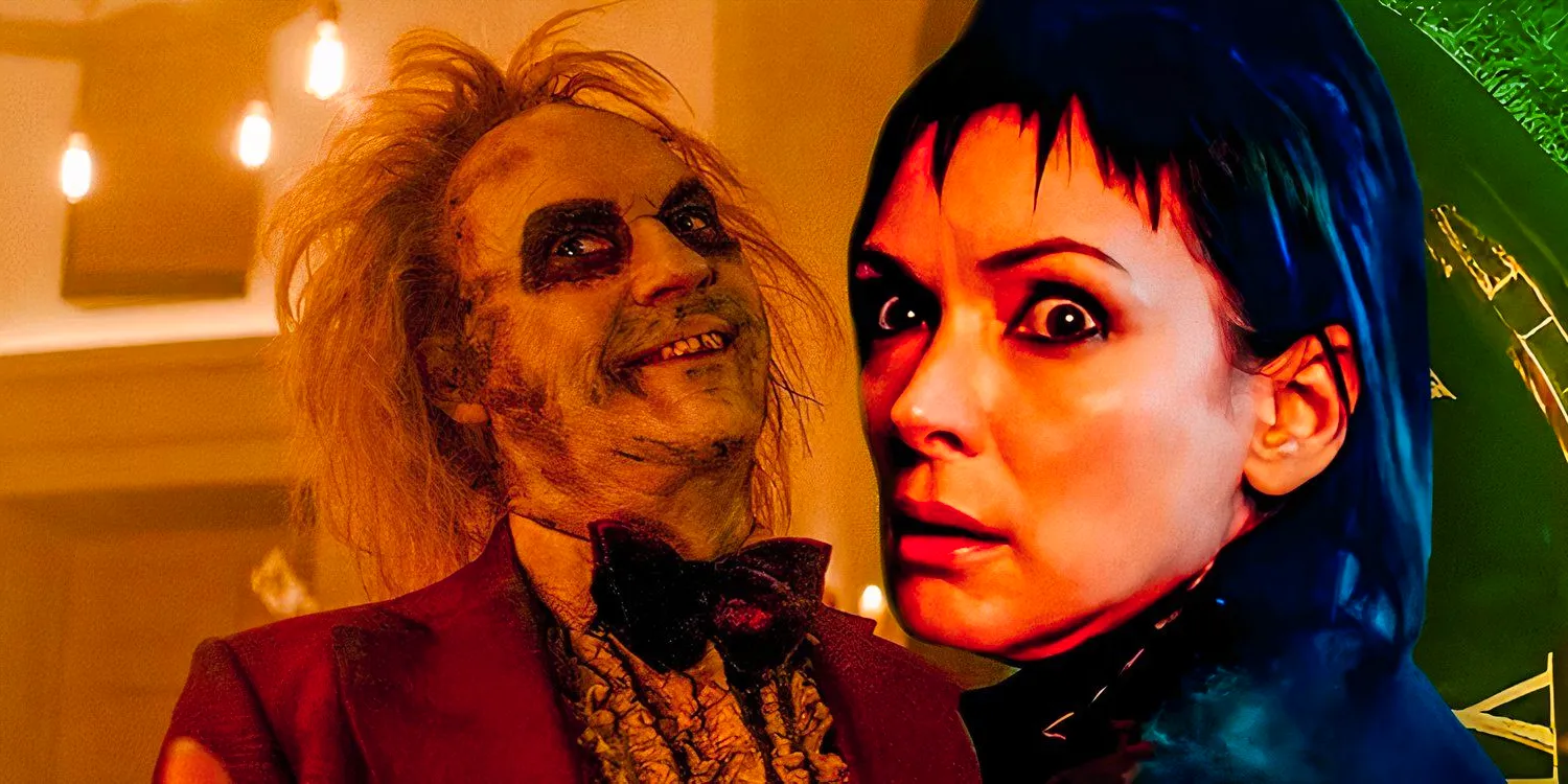 Winona Ryder as Lydia looking terrified next to Michael Keaton as Betelgeuse in a red suit smiling in Beetlejuice Beetlejuice Image