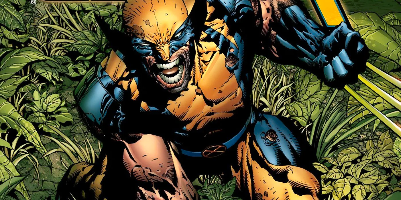 Wolverine bearing his claws, crouched down in the brush. Image