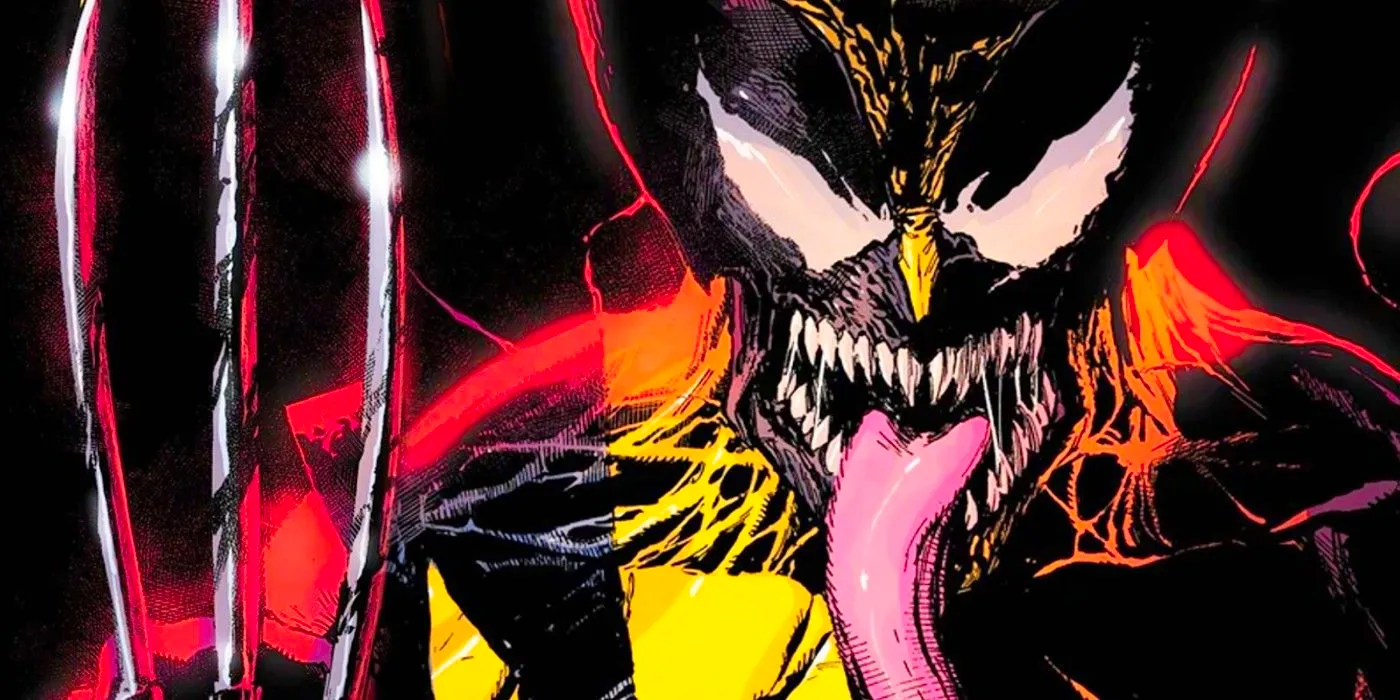 Wolverine bonded with the Venom symbiote, popping his claws with Venom's characteristic toothy smile & long tongue. Image