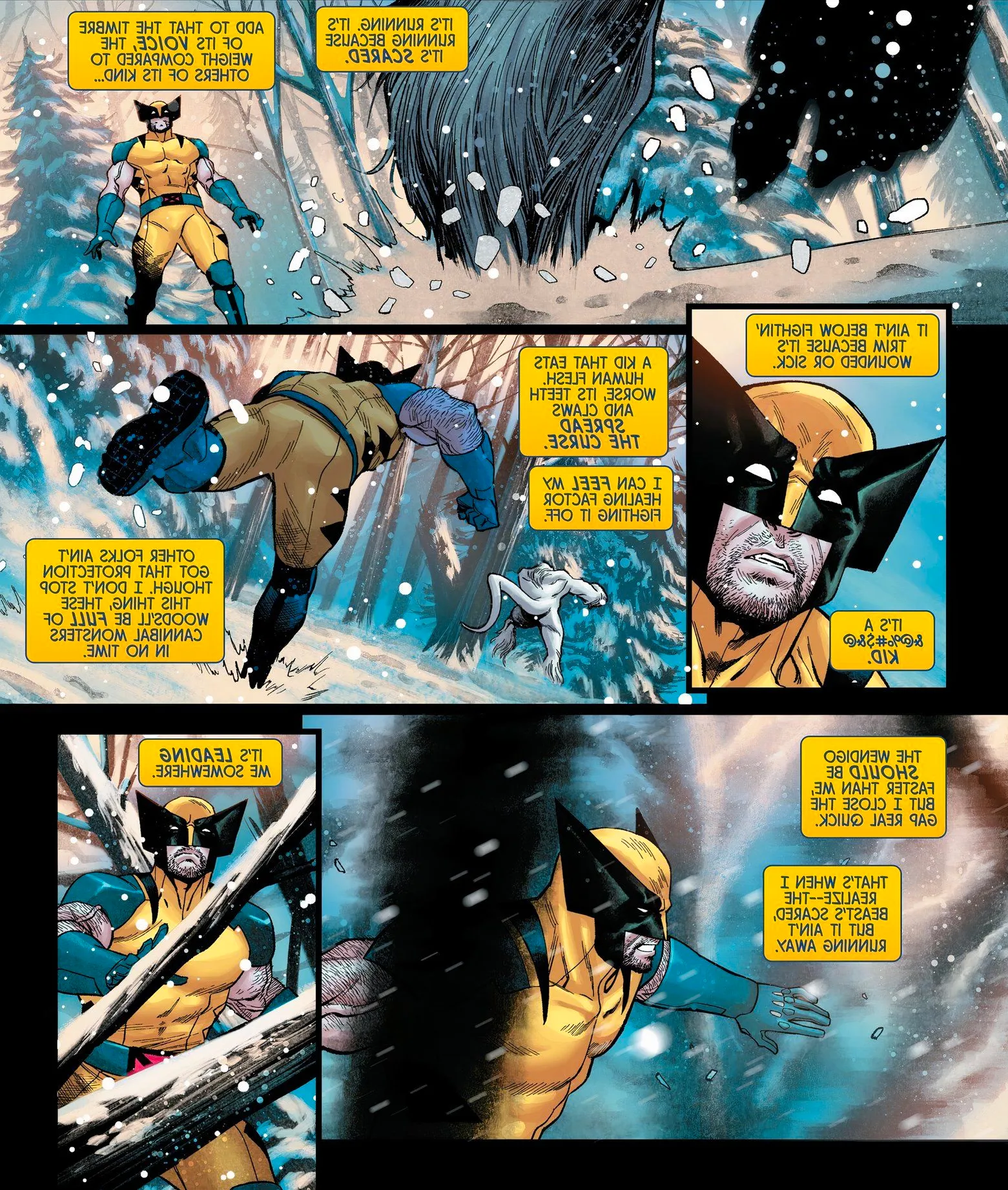 Wolverine chases a young Wendigo through snow.  Image