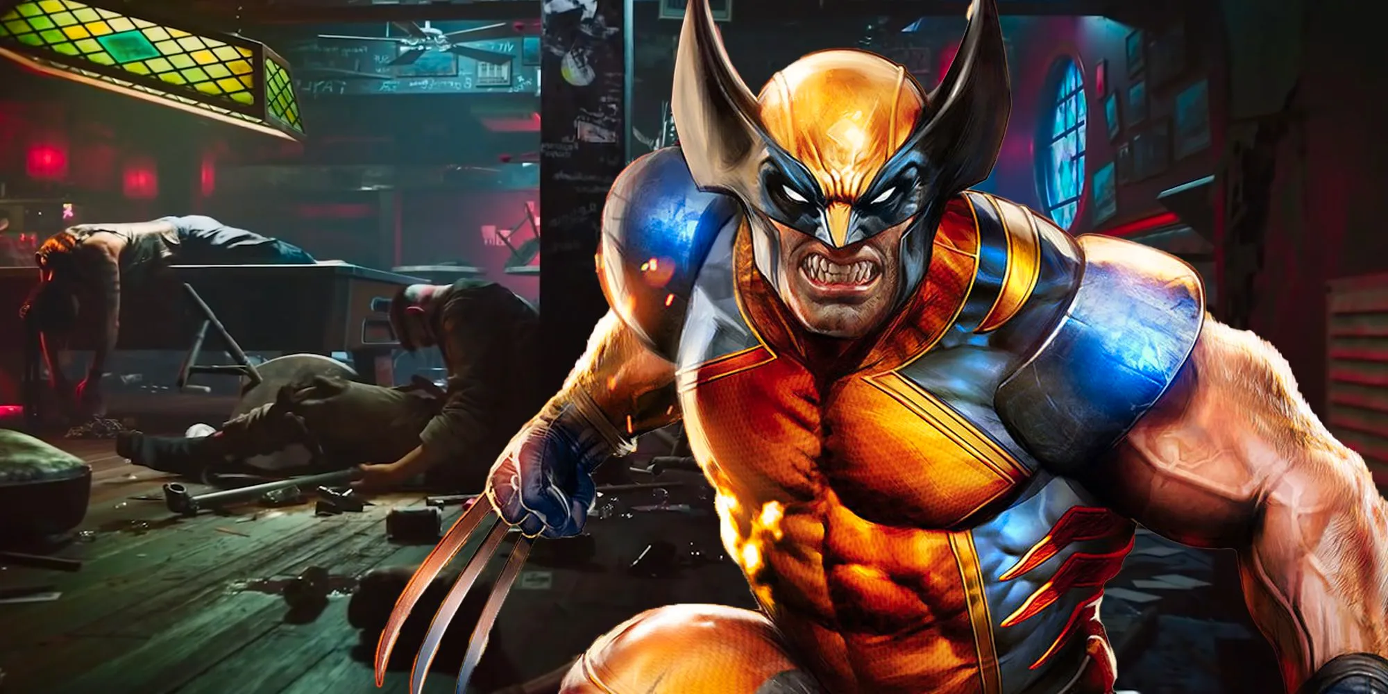 Wolverine - Comic Wolverine in Yellow and blue costume with the aftermath of a bar brawl from the game's trailer behind him Image