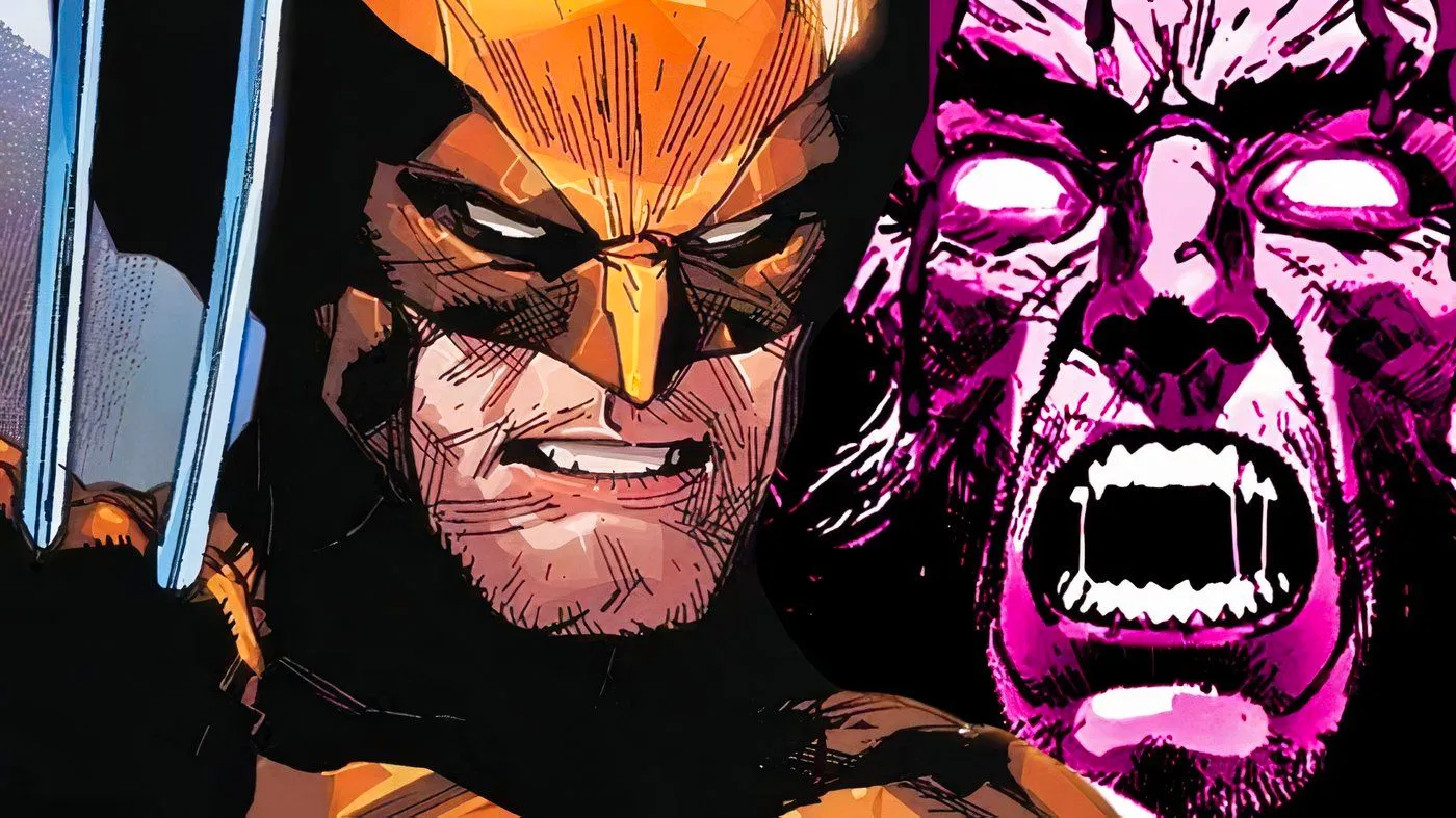 Wolverine drenched in purple light with glowing eyes screaming, with a normal version of himself in the foreground.  Image