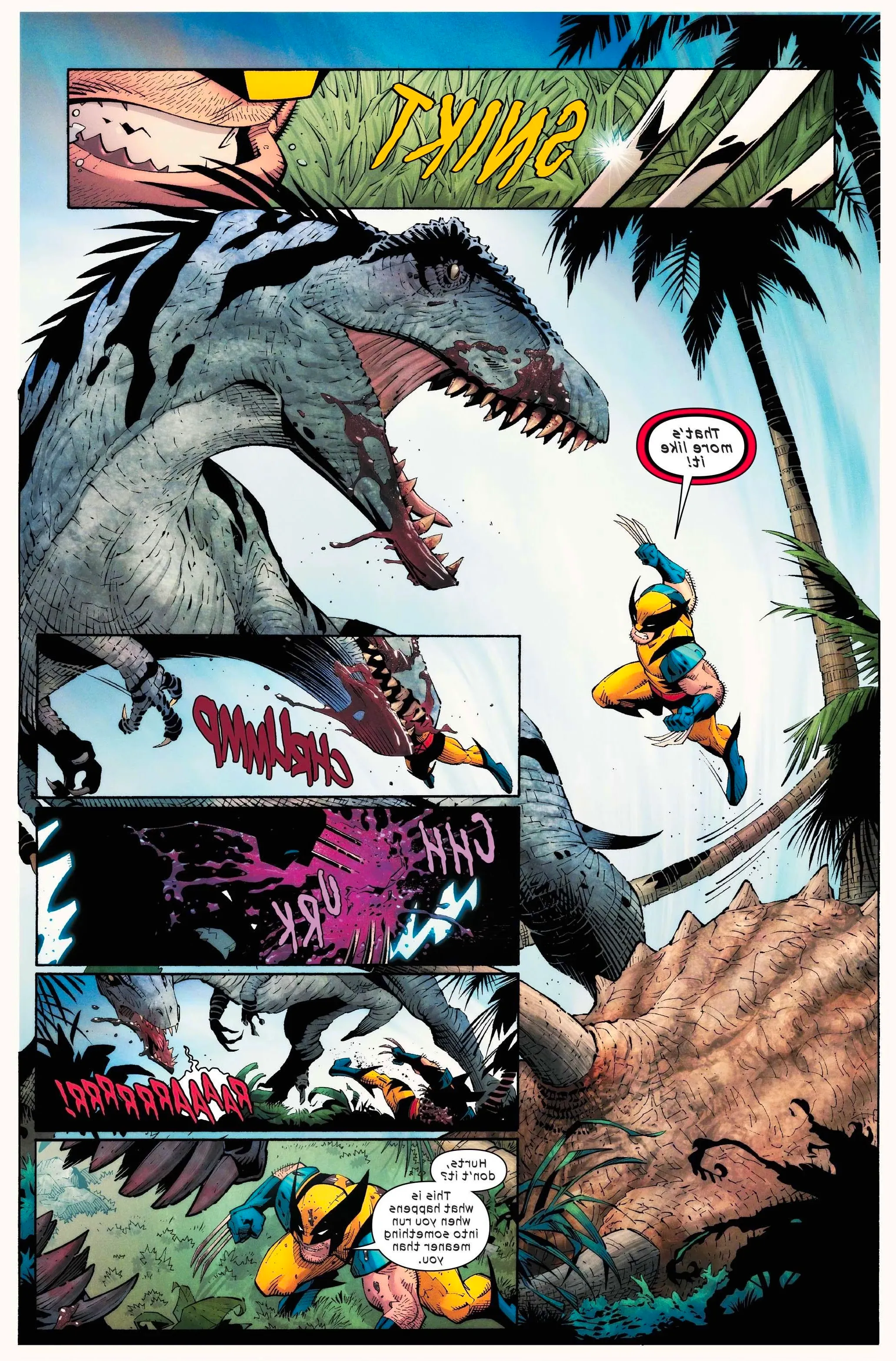 Wolverine Revenge #1, Wolverine leaping into battle with a T-Rex. Image