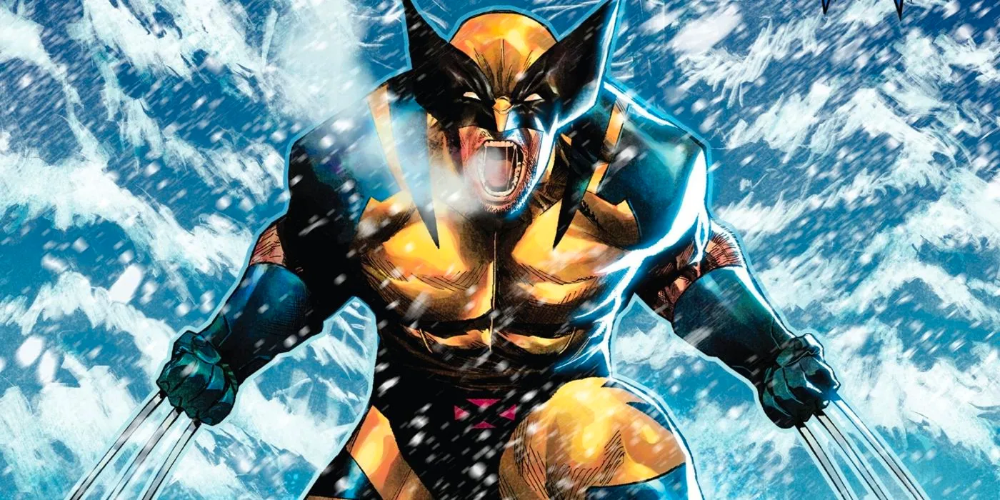 Wolverine screaming with his claws drawn, standing in the snow.  Image