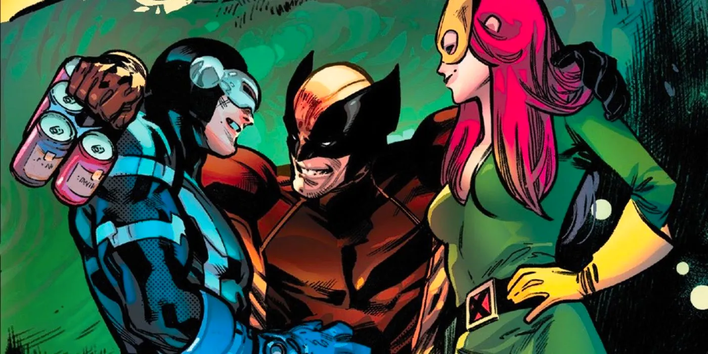 Wolverine with his arms around Cyclops and Jean Grey in Marvel Comics Image