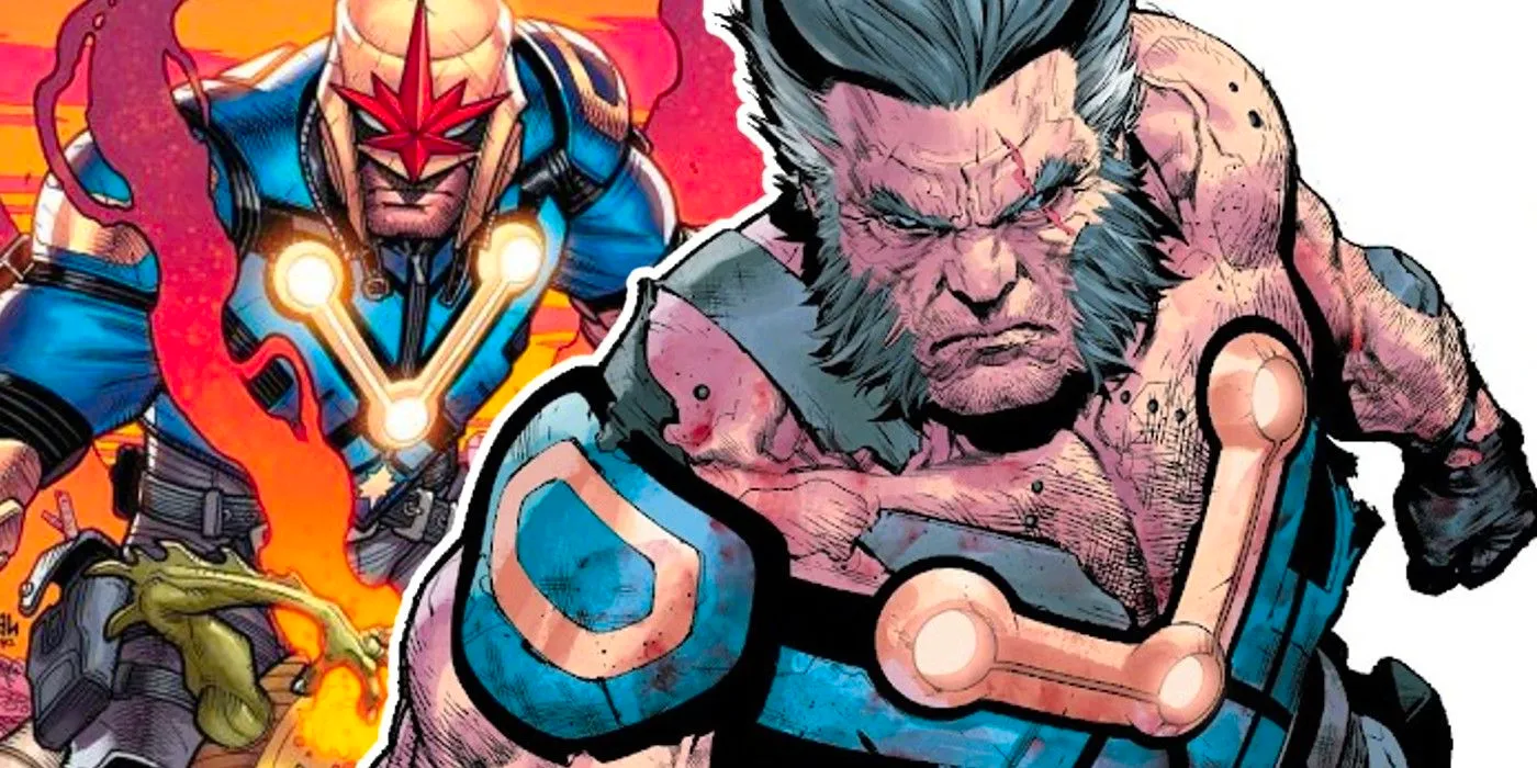 Wolverine's (left) in his Nova 2099 suit; Wolverine in full Nova gear with helmet on (right.) Image