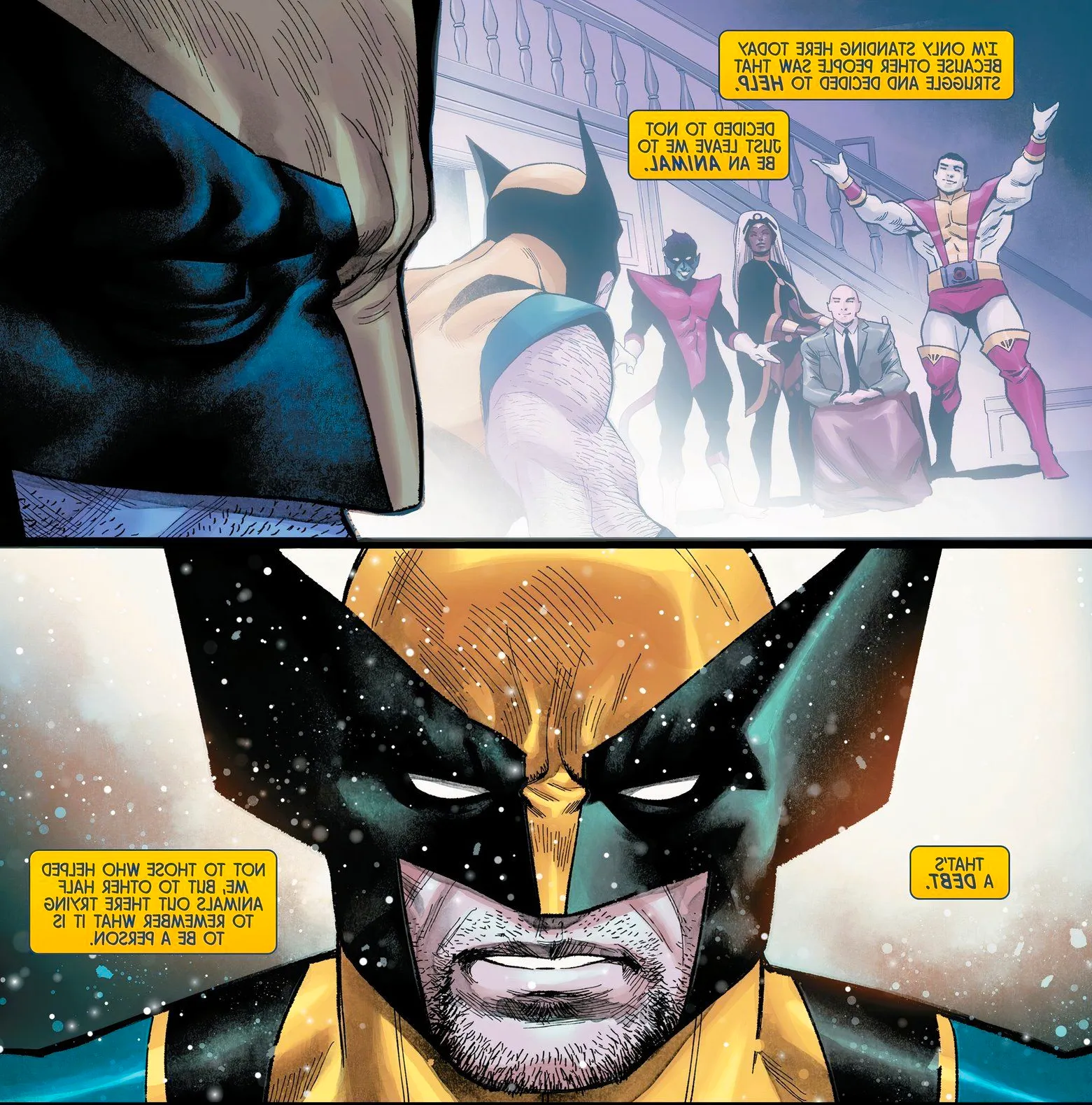 Wolverine's memory of meeting Colossus, Nightcrawler, Storm, and Xavier.  Image