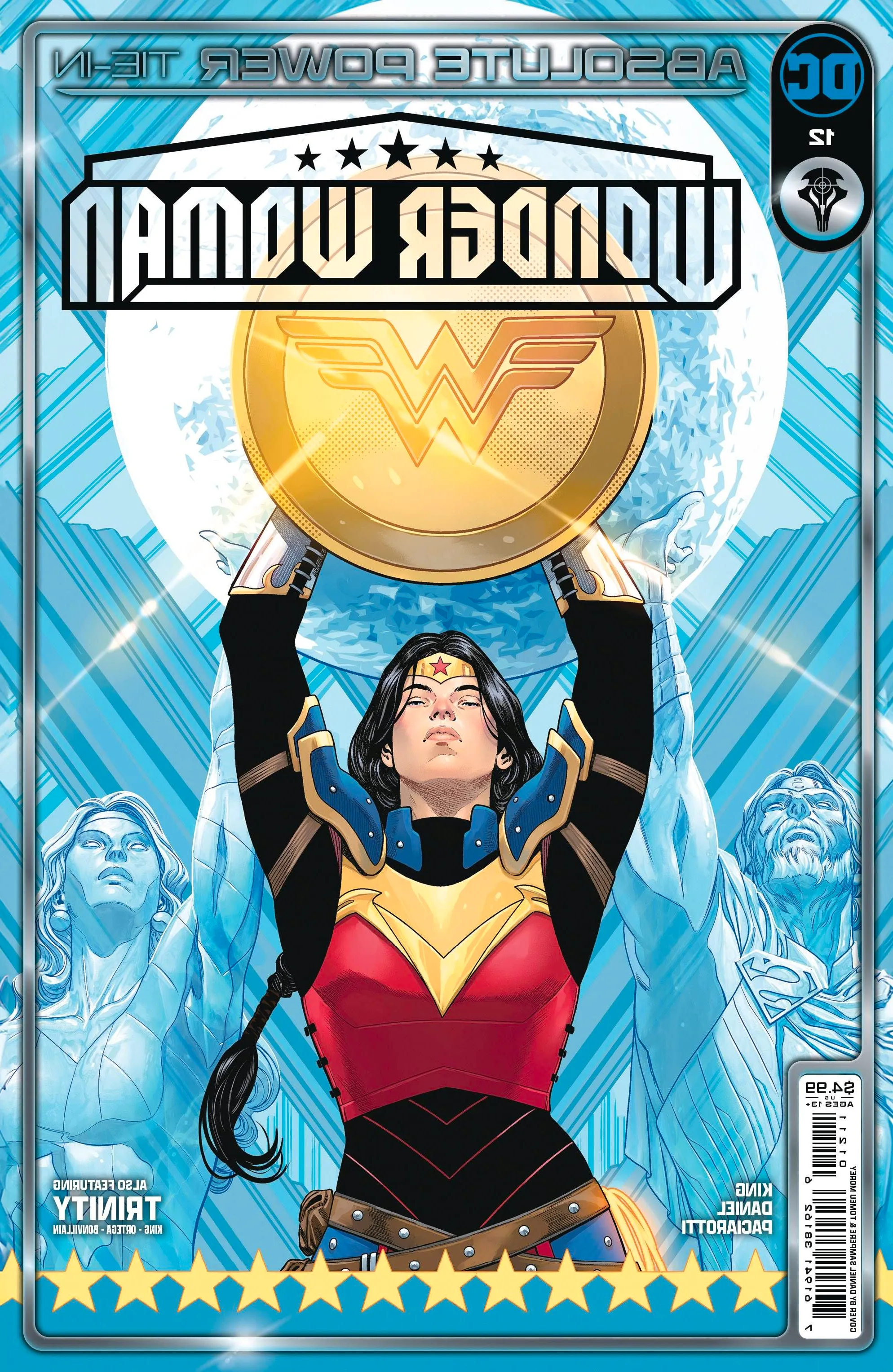 Wonder Woman 12 Main Cover: Wonder Woman holds her shield aloft. Image