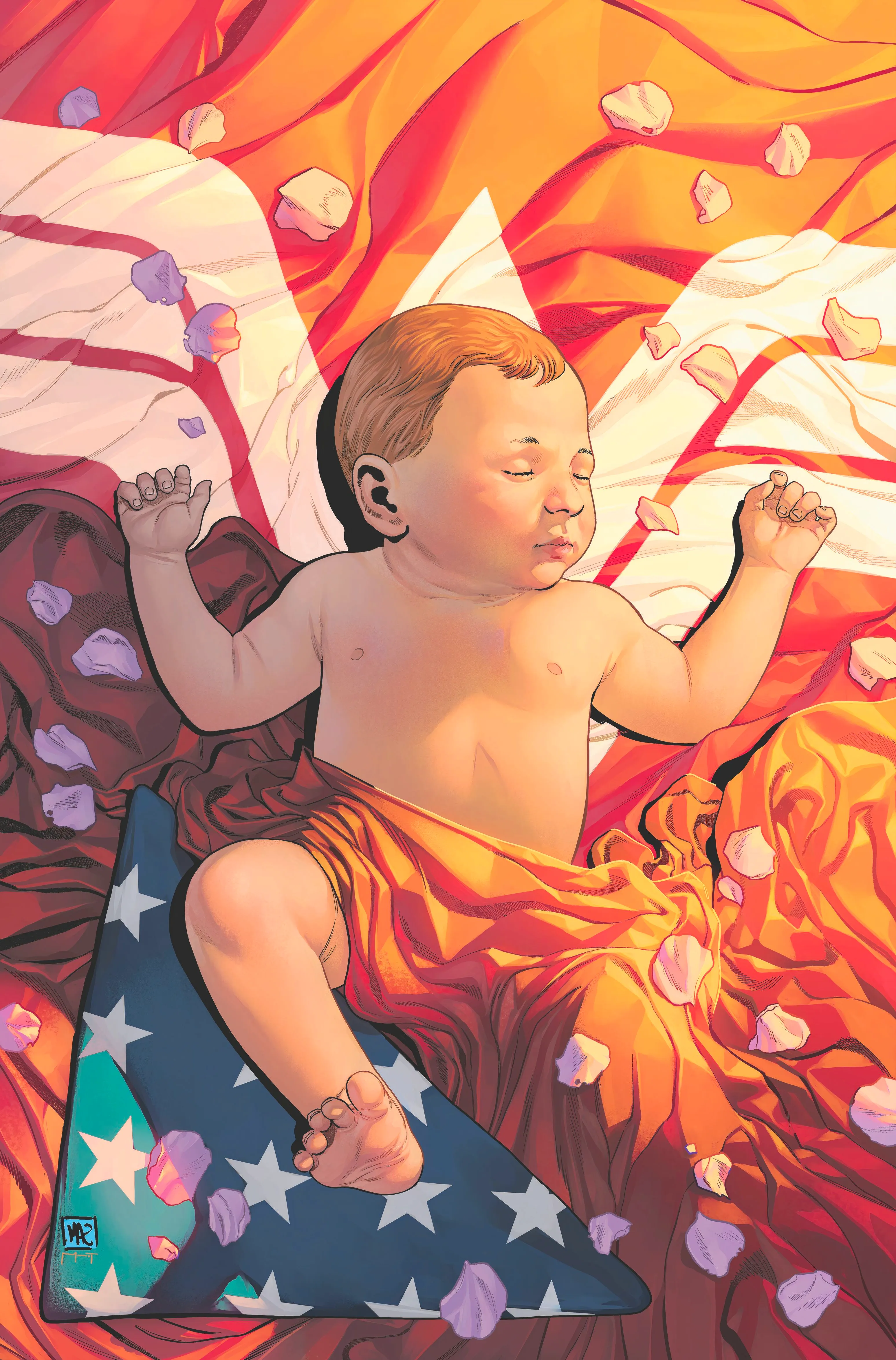 Wonder Woman 14 Sampere Variant Cover: newborn Trinity Lizzie Prince is laid on top of the Wonder Woman symbol with a folded American flag. Image