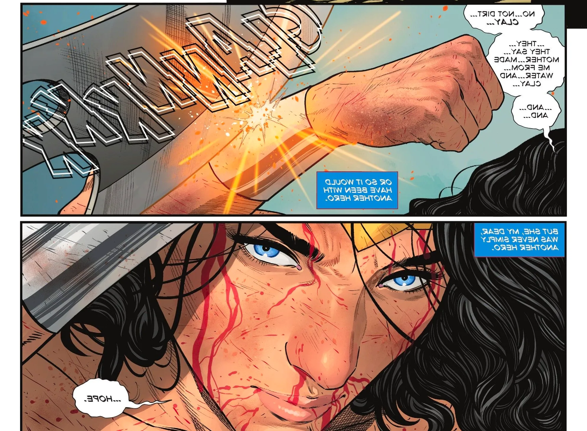 Wonder Woman #6 Diana and Grail beating each other up and talking about Diana's Clay origins pt2 Image