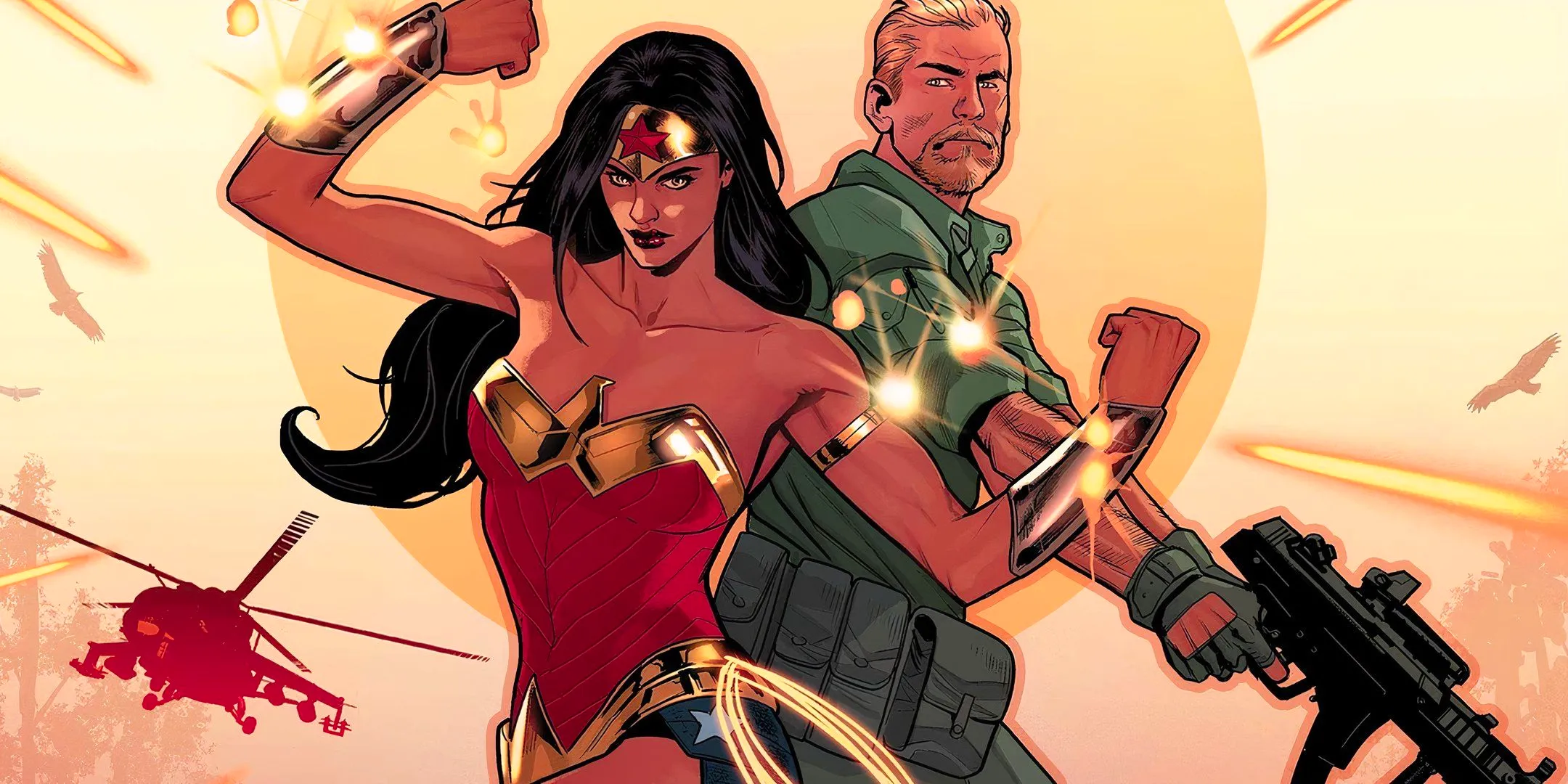 Wonder Woman Protecting Steve Trevor From Bullets with Bracelets DC Image