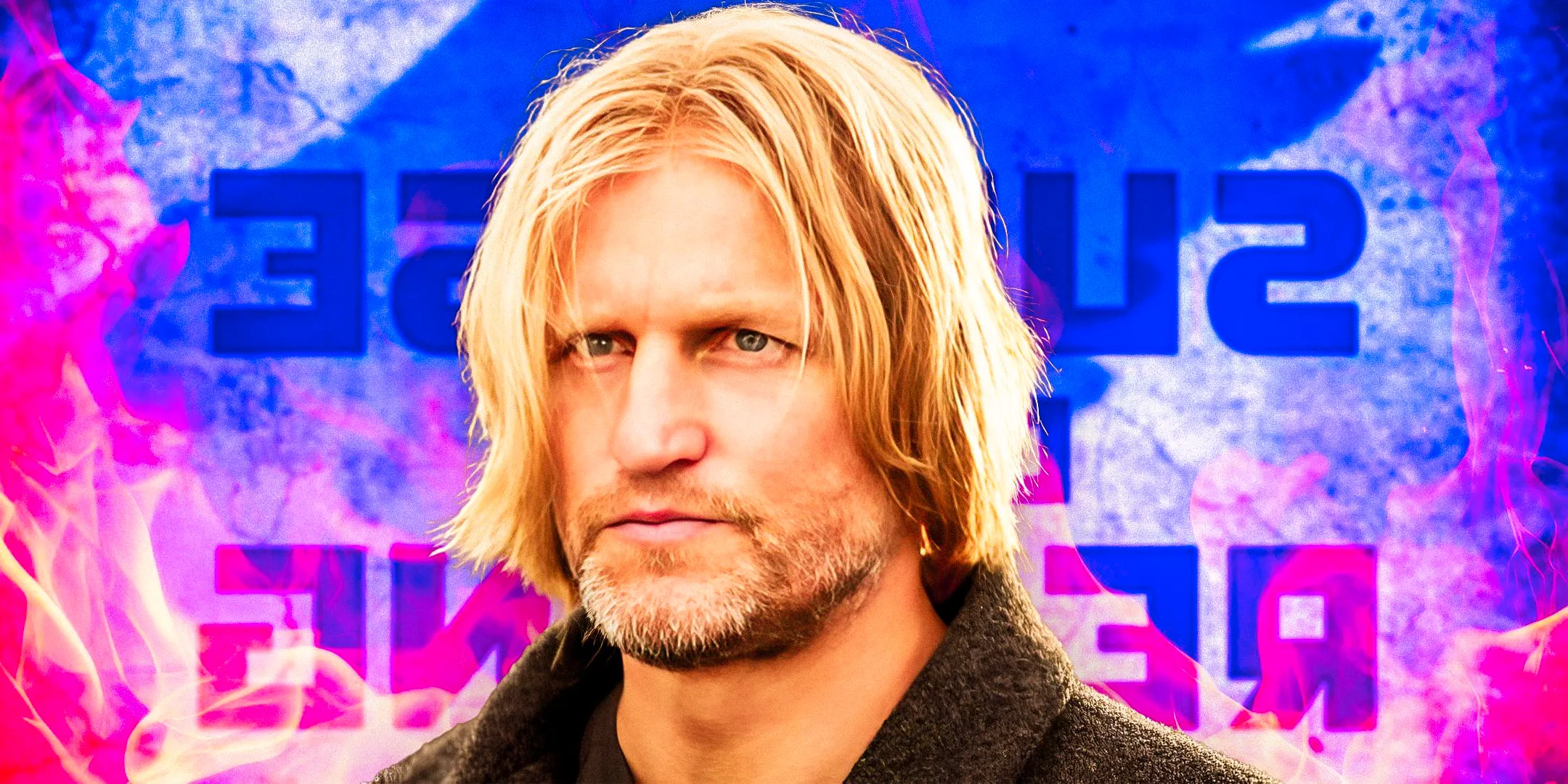 Woody Harrelson as Haymitch Abernathy in The Hunger Games with Sunrise on the Reaping's logo as the background Image