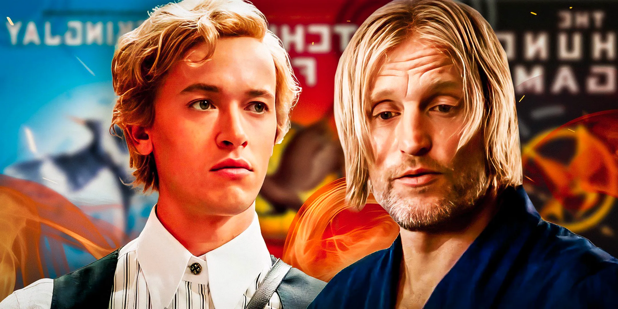 Woody Harrelson as Haymitch in The Hunger Games and Tom Blyth as Snow in The Ballad of Songbirds and Snakes. Image