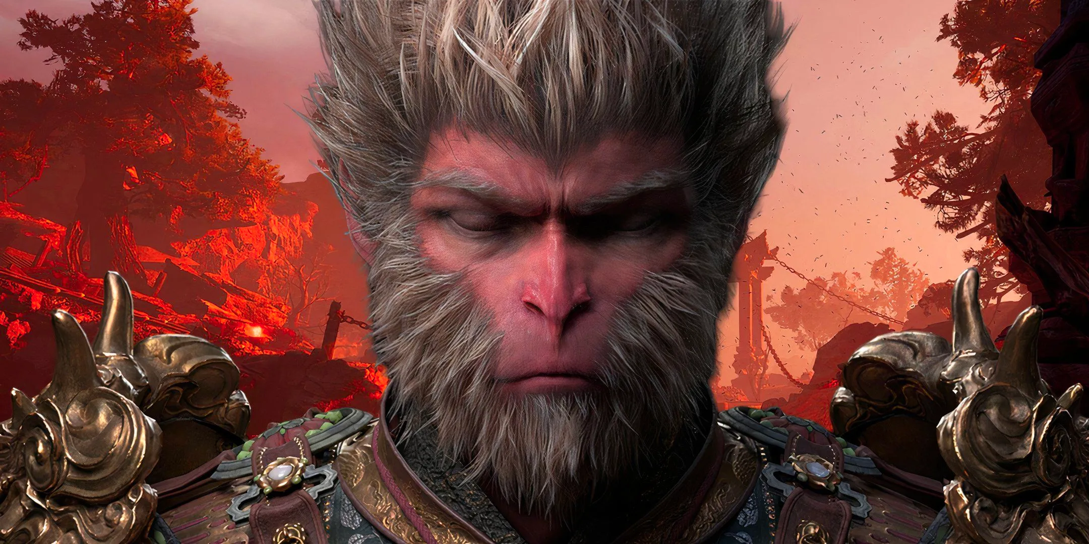 Wukong from Black Myth: Wukong with his eyes closed with temples behind him. Image