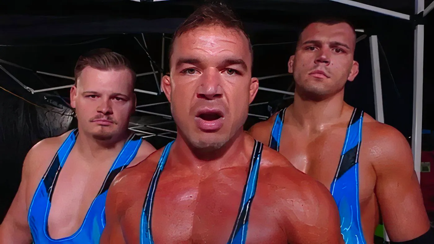 WWE American Made Chad Gable and the Creed Brothers walking and talking to the camera Image