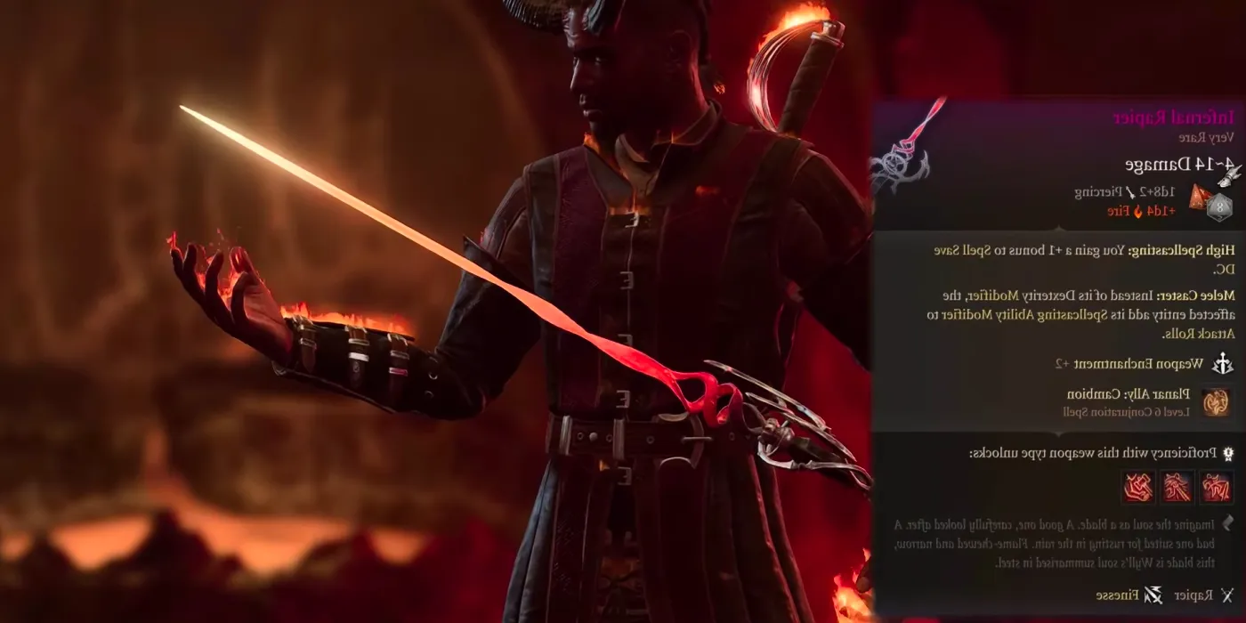 Wyll holds the Infernal Rapier with its stats shown in Baldur's Gate 3. Image