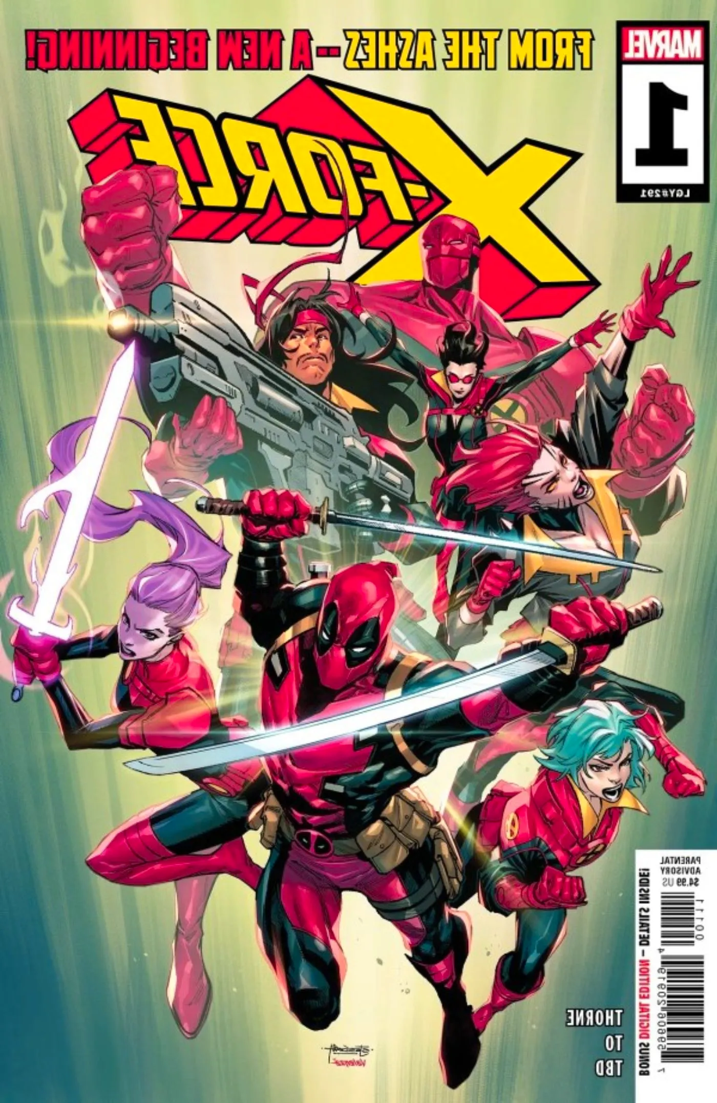 X-Force #1 main cover, featuring the entire new X-Force roster, including Deadpool, Forge, & more. Image