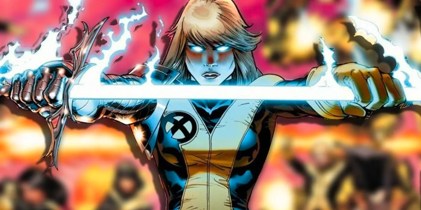 X-Men's Magik grasps a glowing blue Soulsword.  Image