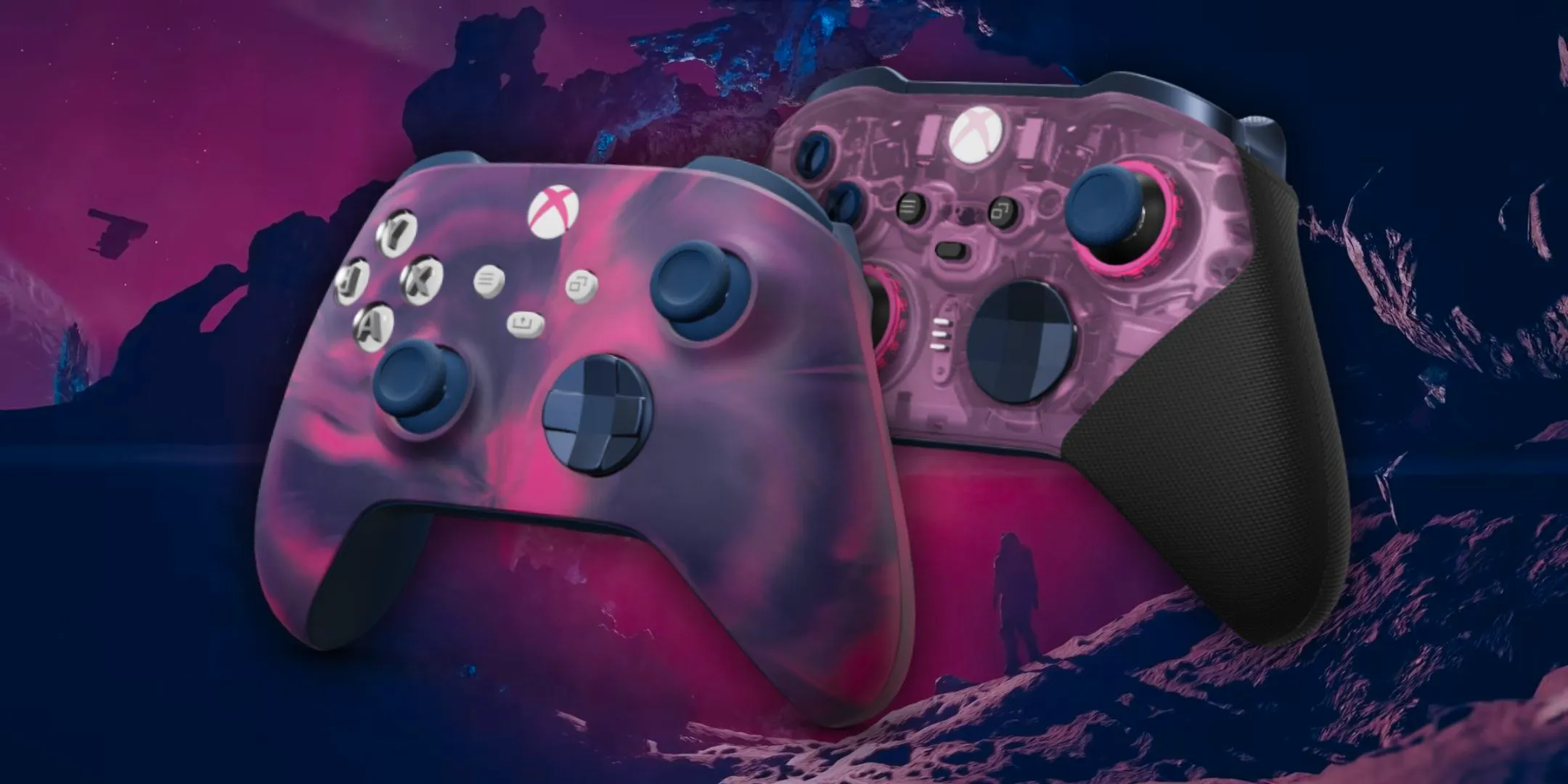 Xbox Starfield Shattered Space Controllers against a shattered space background Image