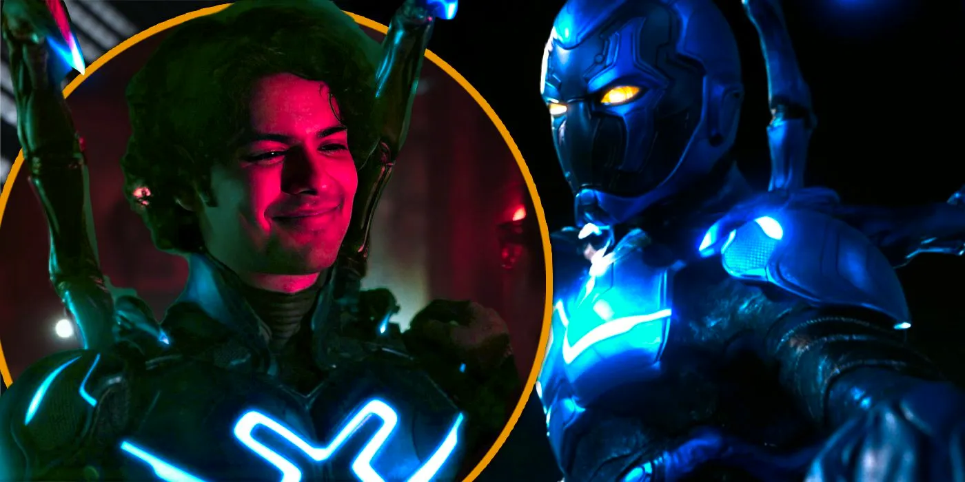 Xolo Mariduena as Jaime looking happy and Blue Beetle in action Exclusive header Image