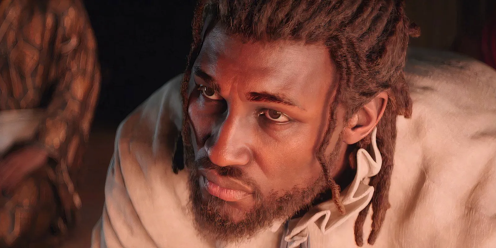 Yasuke, dressed in a simple white shirt, looks up toward an unknown figure in a screenshot from Assassin's Creed Shadows. Image