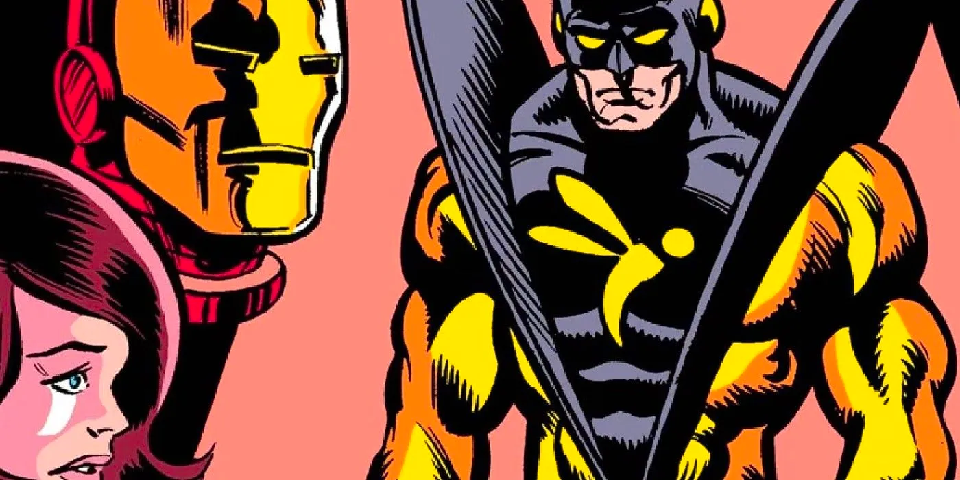 yellowjacket looking miserable in avengers art, as iron man looks on Image