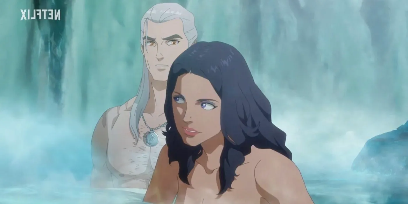 Yennefer and Geralt swim in a stream in The Witcher Sirens of the Deep Image