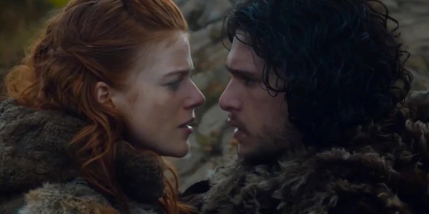 Ygritte and Jon Snow in Game of Thrones leaning in to kiss Image