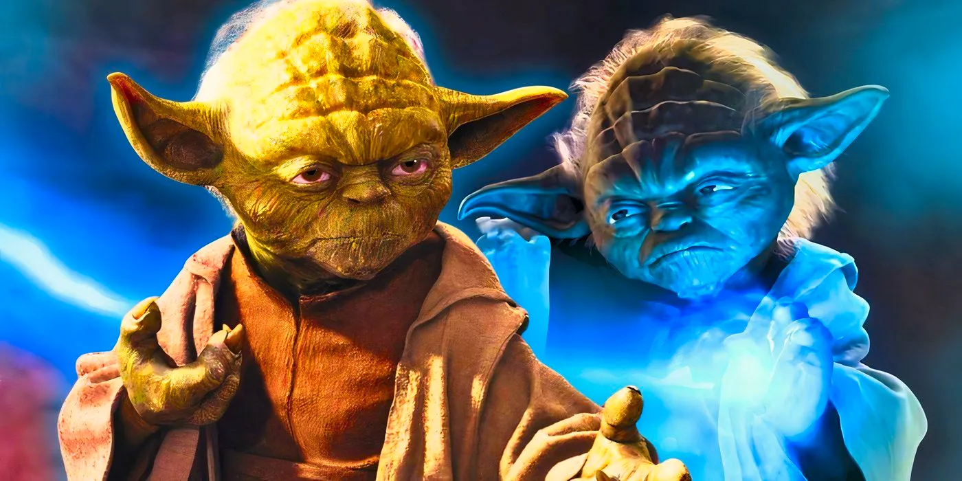 Yoda absorbing Force lightning in Star Wars: Episode II - Attack of the Clones and preparing himself for battle in Star Wars: Episode III - Revenge of the Sith Image