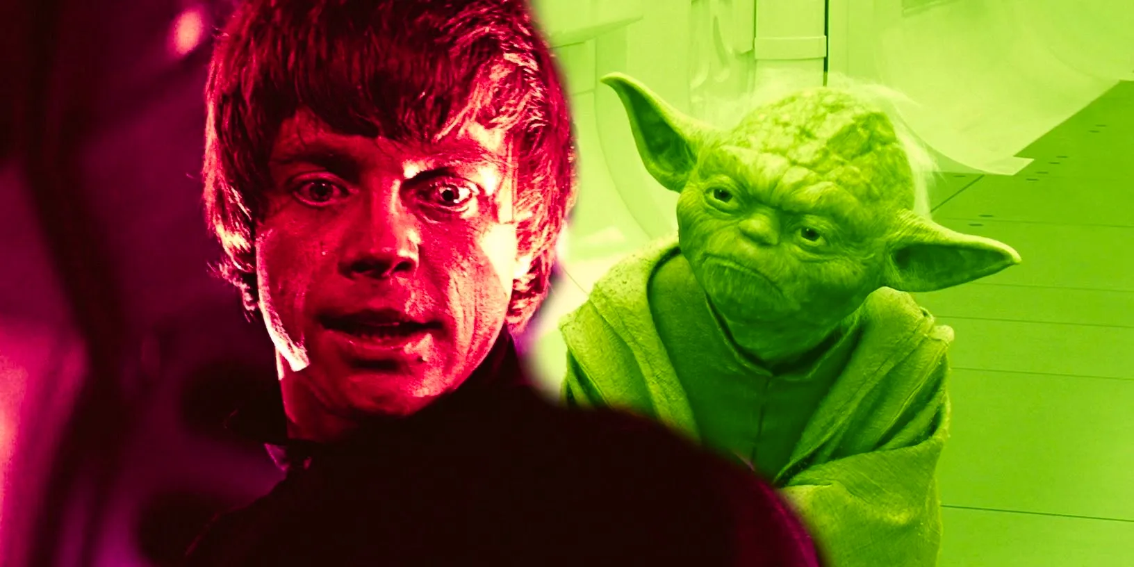 Yoda from Revenge of the Sith in a bright green hue to the left and Luke looking surprised in Return of the Jedi in a deep red hue to the right. Image