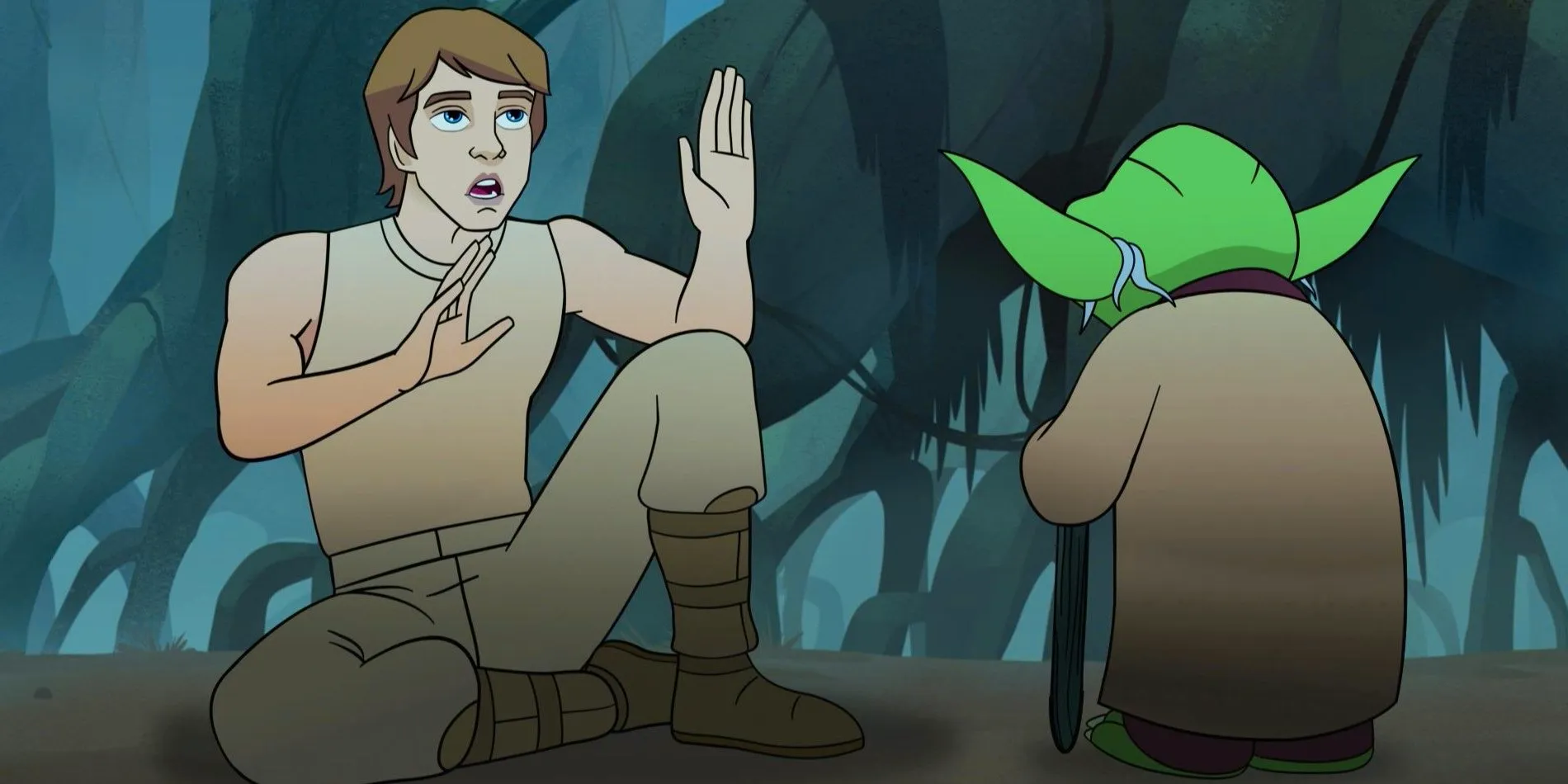 Yoda speaking to Luke Skywalker in Star Wars: Forces of Destiny season 2 episode 7 Image