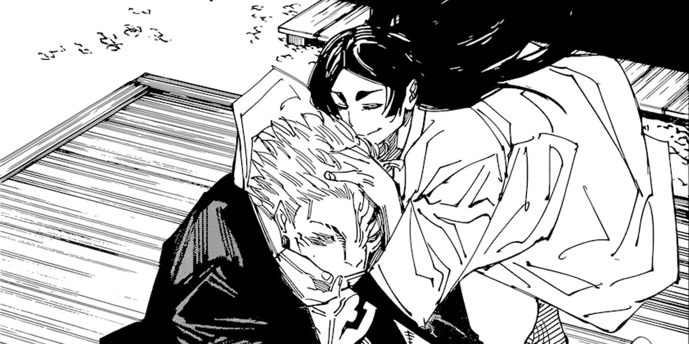 Yorozu and Sukuna as seen in the Heian Era during a flashback where Yorozu is embracing Sukuna in jujutsu kaisen Image